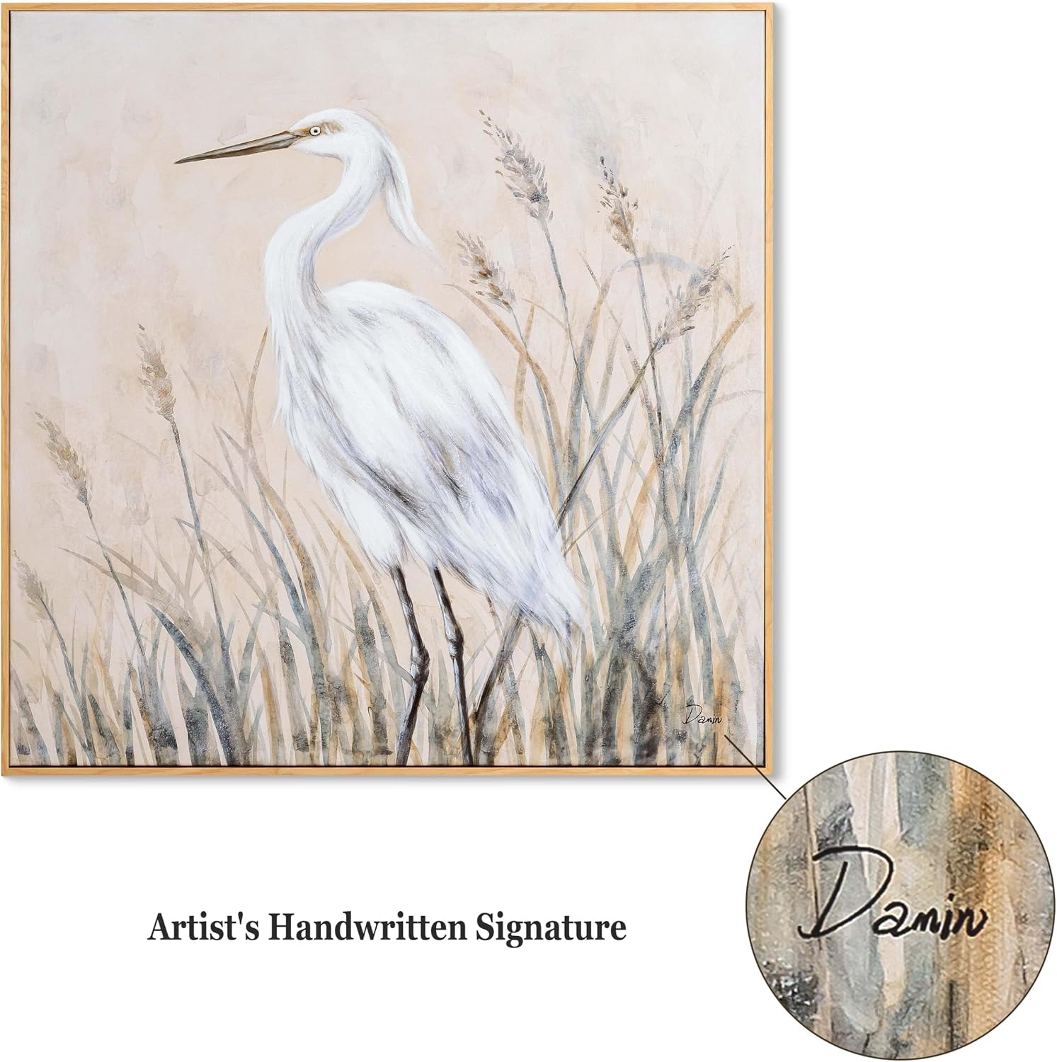 Framed Textured Canvas Wall Art, 24 x 24 inch, Neutral Egret Painting