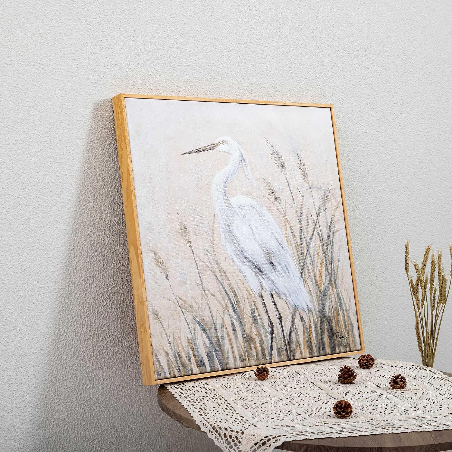 Framed Textured Canvas Wall Art, 24 x 24 inch, Neutral Egret Painting