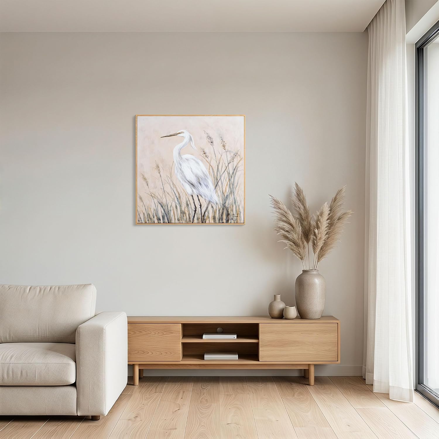 Framed Textured Canvas Wall Art, 24 x 24 inch, Neutral Egret Painting